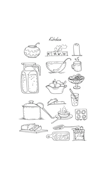 손으로 일러스트 부엌에 편도선을 사용하여 요리한다 스케치 프린트 — 스톡 벡터