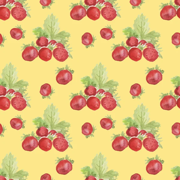 无缝图案 水彩画手绘插图 草莓和草莓的叶子 天然健康产品 水果和素食 印刷品 纺织品 — 图库照片