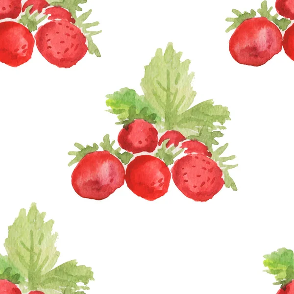 无缝图案 水彩画手绘插图 草莓和草莓的叶子 天然健康产品 水果和素食 印刷品 纺织品 — 图库照片