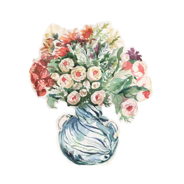 Vase Mit Blumen Vorhanden Strauß Aquarell Handgezeichnete Illustration Separat Auf — Stockfoto