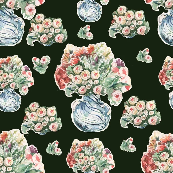 Flowers 'la vazo. Buket. Suluboya elle çizilmiş, beyaz arka planda ayrı ayrı. Tebrik kartı. Baskı, tekstil, klasik, eskiz. Kusursuz desen.