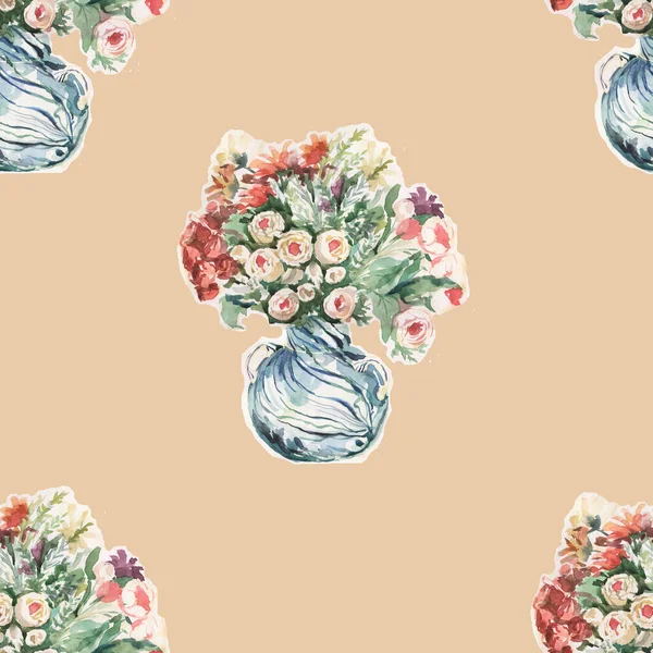 Vase with Flowers. Bouquet. Watercolor hand-drawn illustration, separately on a white background. Greeting card. Print, textile, vintage, sketch. Seamless pattern.
