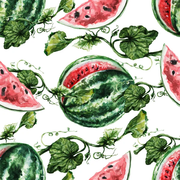 スイカ メロン 桃セット 水彩手描きイラスト スタイルはリアリズム レトロ ヴィンテージ スケッチです 新鮮なジューシーな果物 夏の菜園 — ストック写真