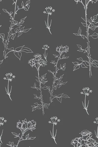 Güllerle kusursuz desen. Grafiksel el çizimi illüstrasyon. Flora, botanik, çiçek, çiçekler, bitkiler. Doodle tarzı, eskiz, eskiz, antika. Kır çiçekleri.