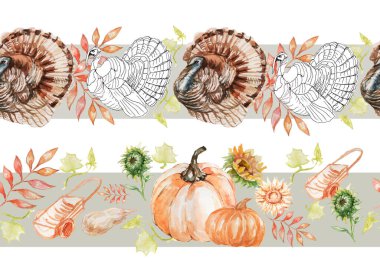 Hindi eliyle suluboya resim çizdi. Kusursuz desen. Yazdır, tekstil. Şükran Günü. Tatil, kutlama. Kuşlarla çiftlikte. Köy kusursuz desen