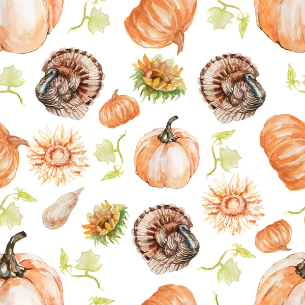 Hindi eliyle suluboya resim çizdi. Kusursuz desen. Yazdır, tekstil. Şükran Günü. Tatil, kutlama. Kuşlarla çiftlikte. Köy kusursuz desen