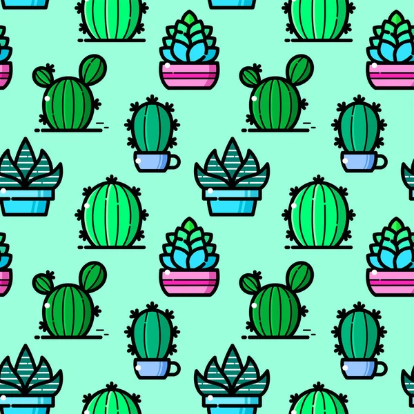 Succulent Seamless Pattern Objects Line Style Vector Illustration — Stock Vector