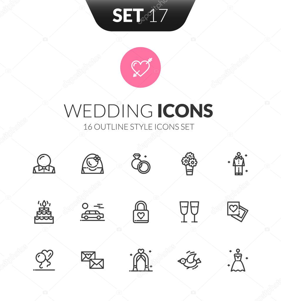 Outline black icons set in wedding theme