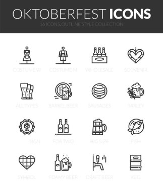 Siyah anahat simgeleri ince modern tasarım stili ayarla, düz çizgi kontur vektör sembolleri - oktoberfest koleksiyonu
