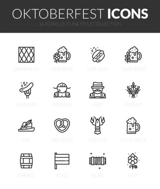 Siyah anahat simgeleri ince modern tasarım stili ayarla, düz çizgi kontur vektör sembolleri - oktoberfest koleksiyonu