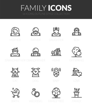 Siyah anahat simgeleri ince modern tasarım tarzında ayarla, düz çizgi kontur vektör sembolleri - aile koleksiyonu