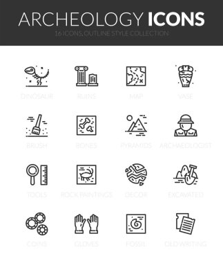 İnce modern tasarım tarzında özet siyah simgeler, düz çizgi çizgisi çizme vektör sembolleri - arkeoloji koleksiyonu