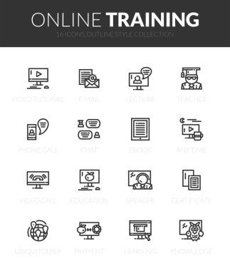 Siyah simgeler ince modern tasarım tarzında, düz çizgi kontur vektör sembolleri - online eğitim koleksiyonu ayarla anahat