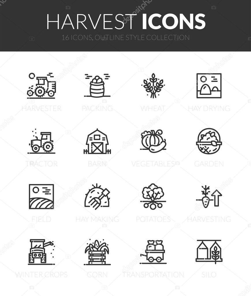 Outline black icons set in thin modern design style, flat line stroke vector symbols - harvest collection