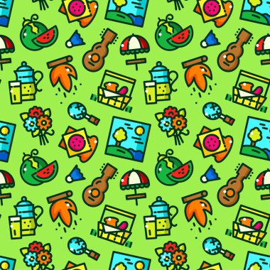 Çizgi stili objeler ile Seamless modeli piknik, doğa vektör çizim içinde kahvaltı