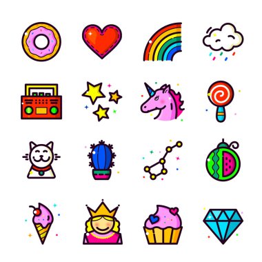 İnce çizgi roman kız moda yama Icons set, Modern anahat logolar ve rozetleri