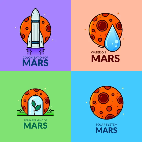 Kolonisasi Mars Desain Konsep Seni Garis Ilustrasi Vektor Planet Merah - Stok Vektor