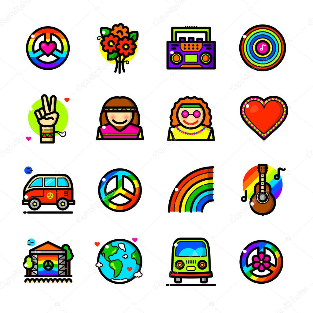 Thin line art Hippie icons set on white background