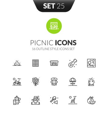 Anahat siyah simgeler vektör çizim ince modern tasarım stili, düz çizgi kontur, piknik koleksiyonu ayarla