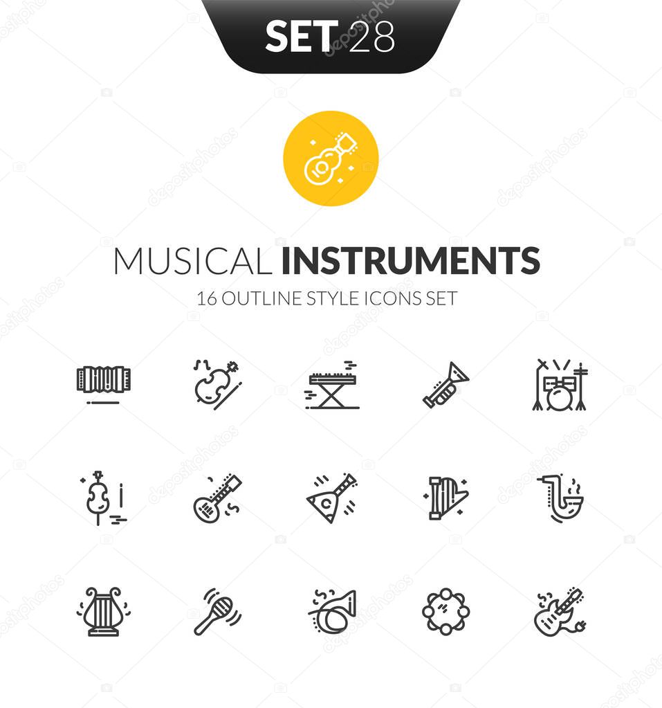 Vector illustration of outline black icons set in thin modern design style, flat line stroke, musical instruments collection