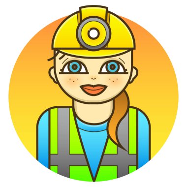 Yansıtıcı yelek ve kask giymiş gülümseyen kadın mühendis sanat tarzında vektör çizimi.