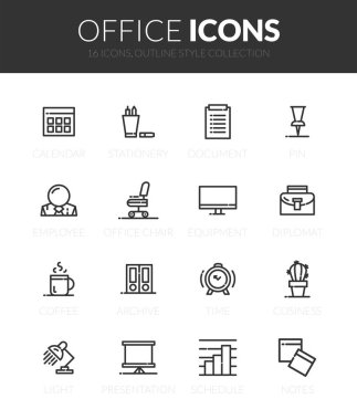 İnce modern tasarım tarzında özet siyah simgeler, düz çizgi çizgi çizme vektör sembolleri - ofis koleksiyonu