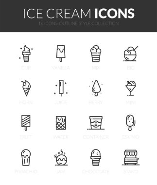 İnce modern tasarım tarzında özet siyah simgeler, düz çizgi çizgi çizme vektör sembolleri - dondurma koleksiyonu