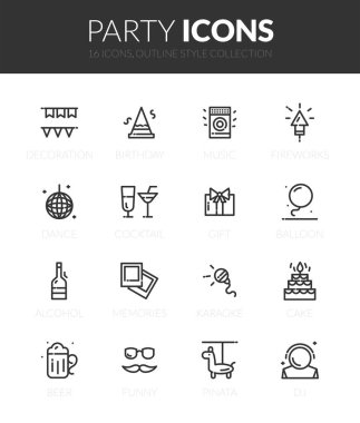 İnce modern tasarım tarzında özet siyah simgeler, düz çizgi çizgi çizme vektör sembolleri - parti koleksiyonu