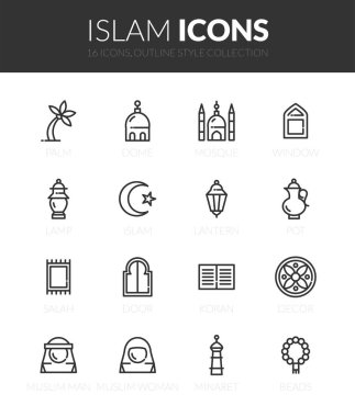 İnce modern tasarım tarzında özet siyah simgeler, düz çizgi çizgisi çizme vektör sembolleri - İslam Müslüman koleksiyonu
