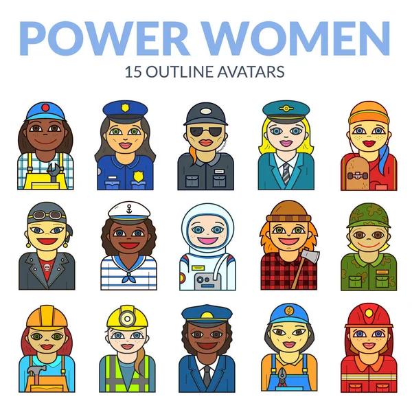 Set of women avatars of strong professions, vector illustration people in line art style