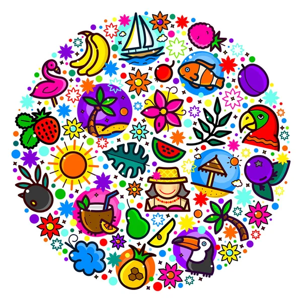 Ensemble Objets Vacances Tropicales Illustration Vectorielle Couleur Composition Ronde Dans — Image vectorielle