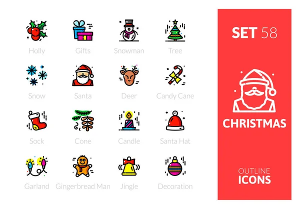 アウトラインカラーアイコンは 薄い現代的なデザインスタイルで設定され フラットラインストロークベクトルシンボル クリスマスコレクション — ストックベクタ