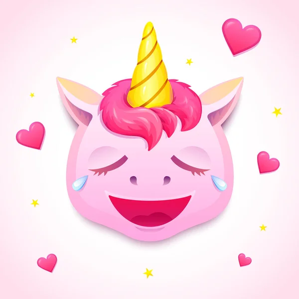 Emoji Bonito Unicórnio Rosa Rosto Personagem Com Riso Lágrimas Emoção — Vetor de Stock