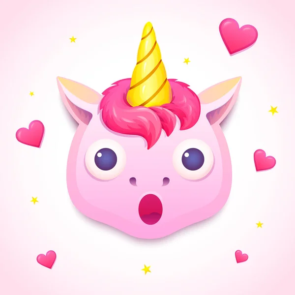 Emoji Cute Pink Unicorn Face Character Wow Emotion Vector Illustration — Stock Vector