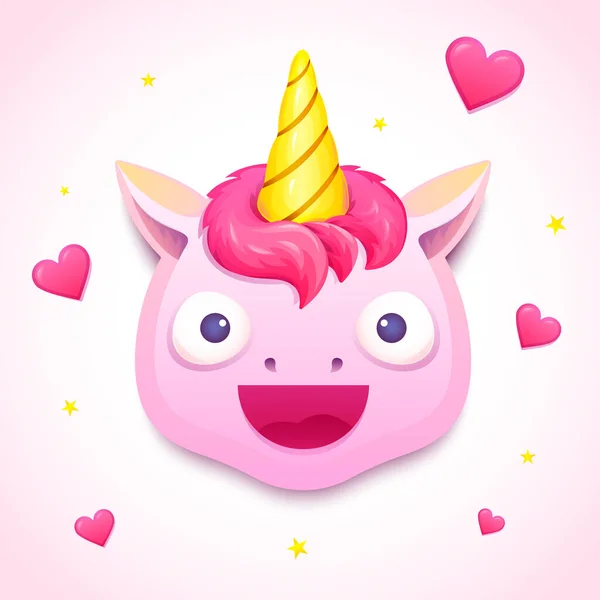 Emoji Bonito Unicórnio Rosa Rosto Personagem Com Agradável Emoção Surpresa — Vetor de Stock