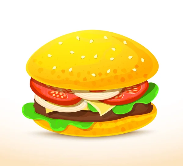 Klasszikus Burger Hússal Zöldséggel Sajttal Vektor Illusztráció Elkülönítve Háttértől — Stock Vector