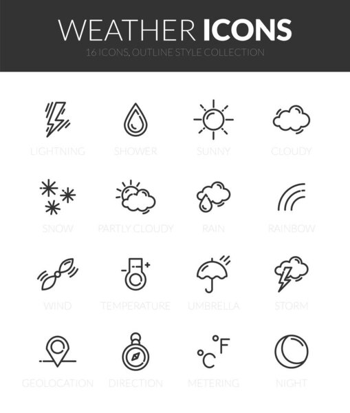 Outline black icons set in thin modern design style, flat line stroke vector symbols - weather forecast collection