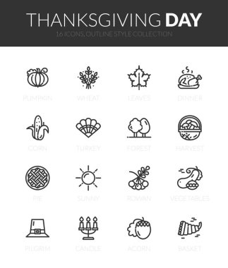 İnce modern tasarım tarzında özet siyah simgeler, düz çizgi çizgi çizme vektör sembolleri - şükran günü koleksiyonu