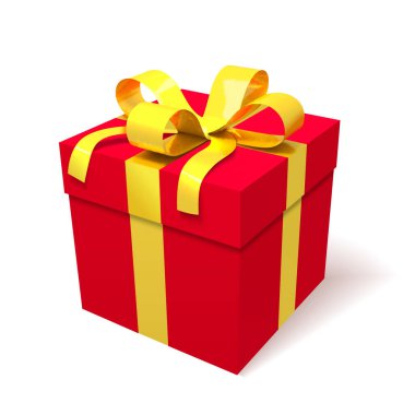 Altın renkli kurdeleli kırmızı hediye kutusu, güzel bir tatil sürprizi, vektör illüstrasyonu.