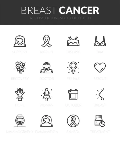 轮廓黑色图标设置在瘦的现代设计风格 扁平线笔划矢量符号 乳腺癌收集 — 图库矢量图片