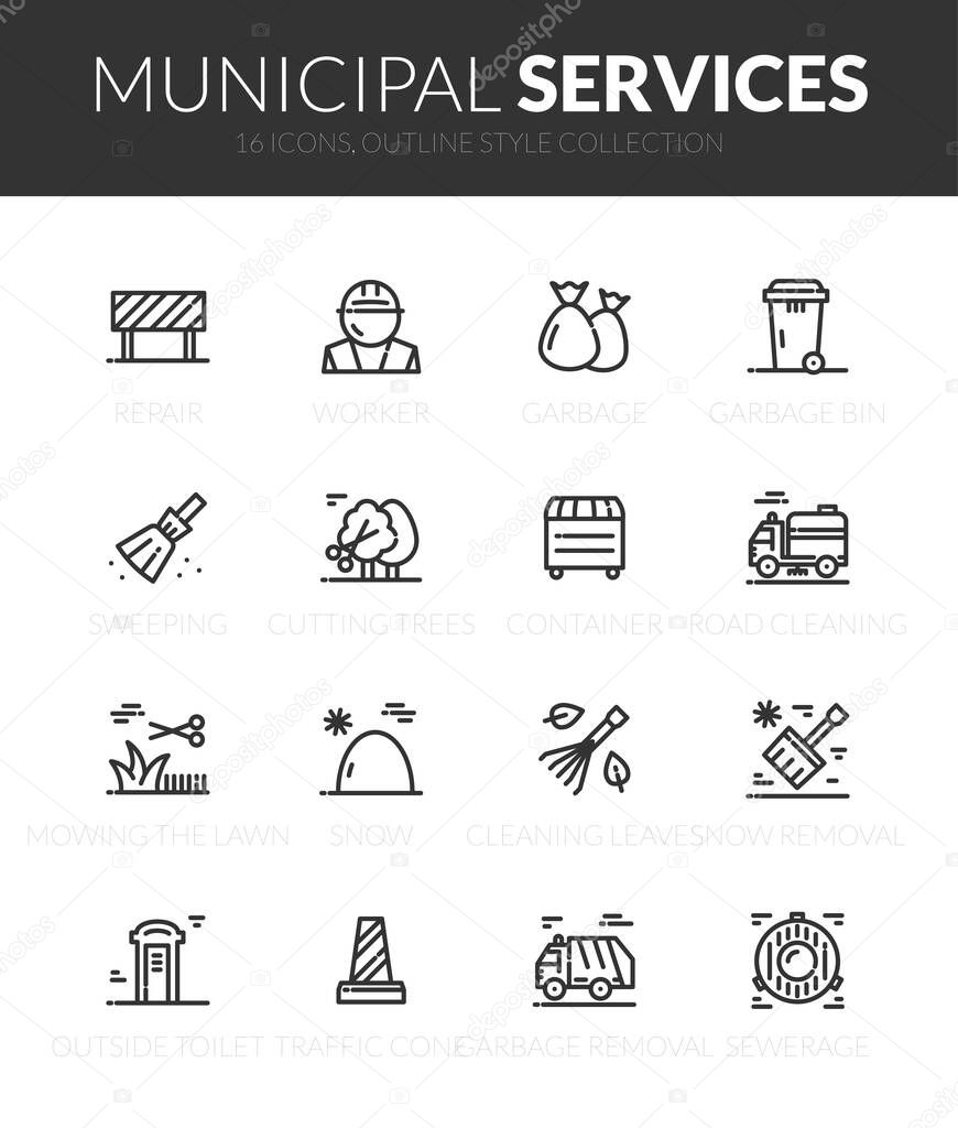 Outline black icons set in thin modern design style, flat line stroke vector symbols - municipal services collection