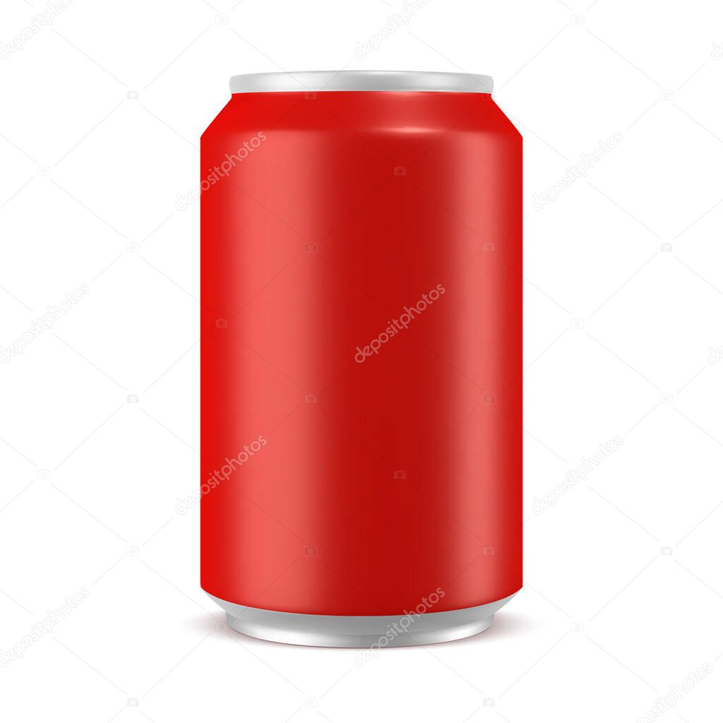 Aluminum can red color mockup, realistic vector illustration isolated on white background, blank template for design