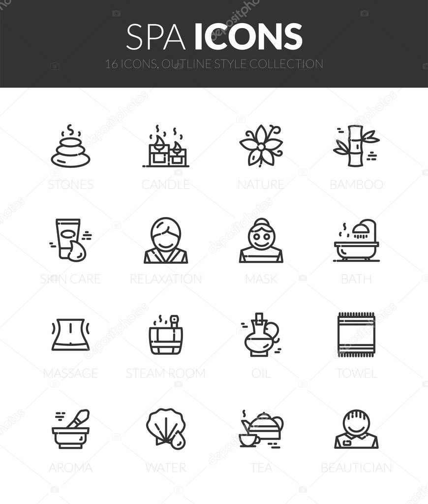 Outline black icons set in thin modern design style, flat line stroke vector symbols - SPA collection