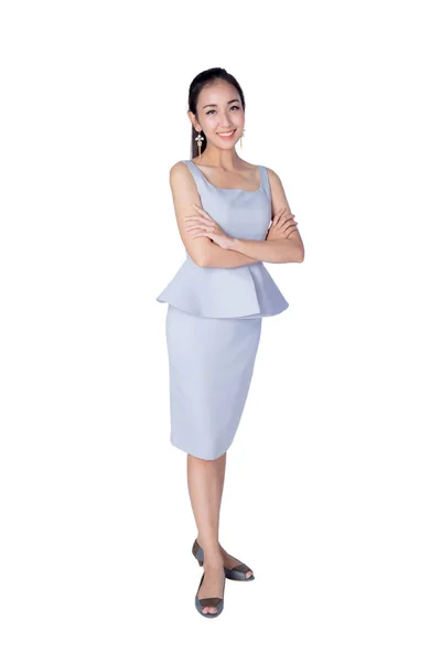 Sorrindo mulher de negócios de pé contra fundo branco com cr — Fotografia de Stock