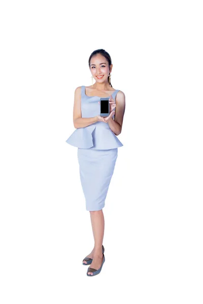 Jovem mulher de negócios sorriso show móvel isolado no backgro branco — Fotografia de Stock