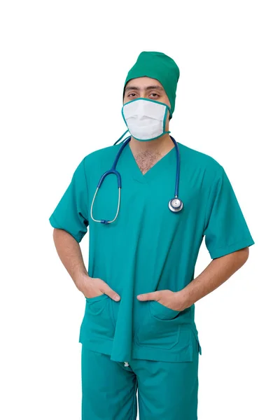 Porträtt Doktor Mask Och Grön Uniform Isolerad Vit Bakgrund — Stockfoto