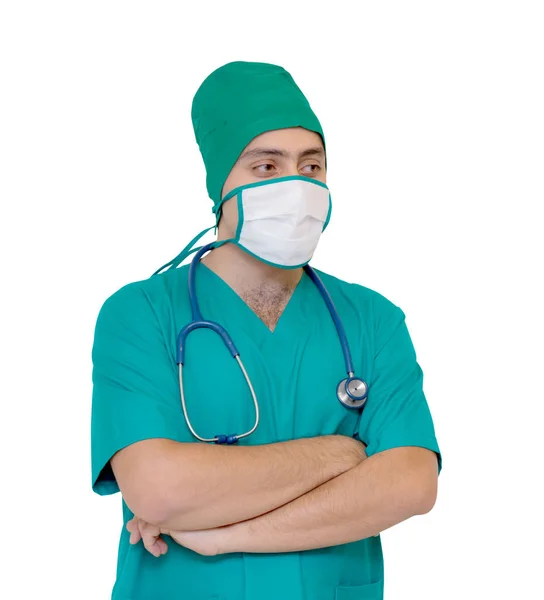 Retrato de médico em máscara e uniforme verde isolado em b branco — Fotografia de Stock