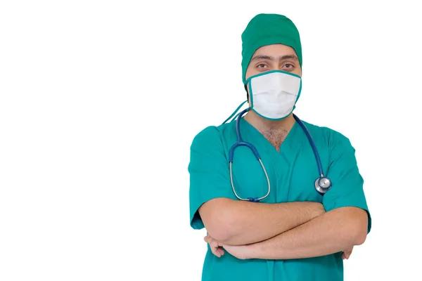 Portrait of doctor in mask and green uniform isolated on white b — Stock Photo, Image