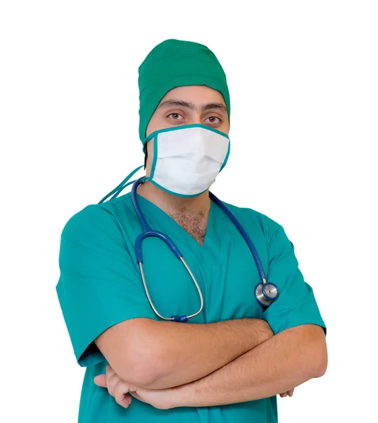 Portrait of doctor in mask and green uniform isolated on white b — Stock Photo, Image