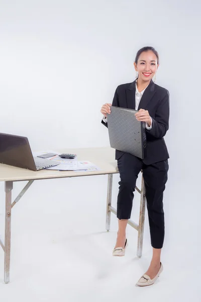 businesswoman hold file document looking camera with sitting tab